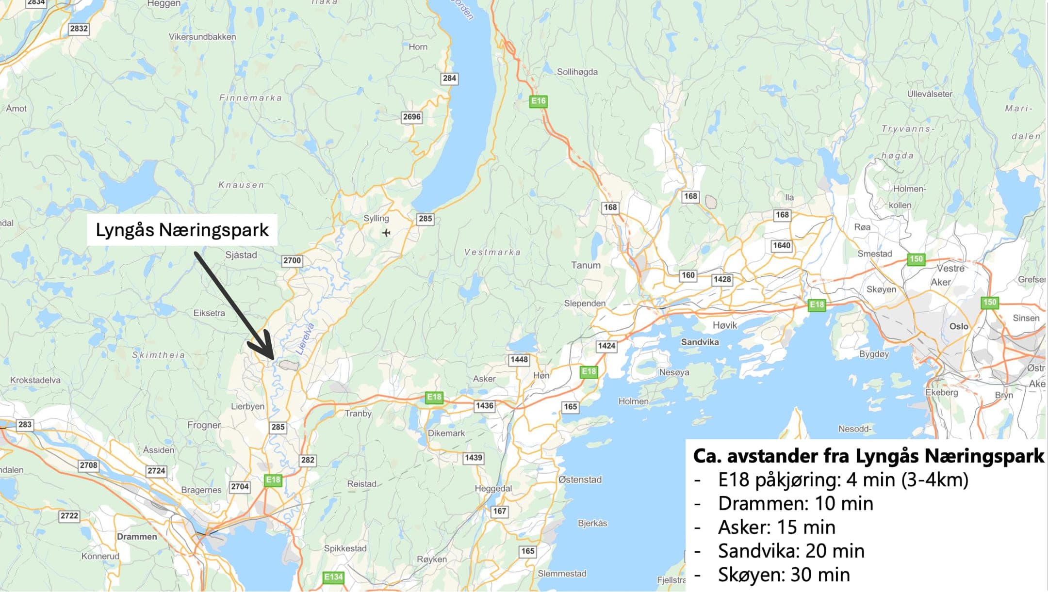 Kart over avstander til Lyngås Næringspark