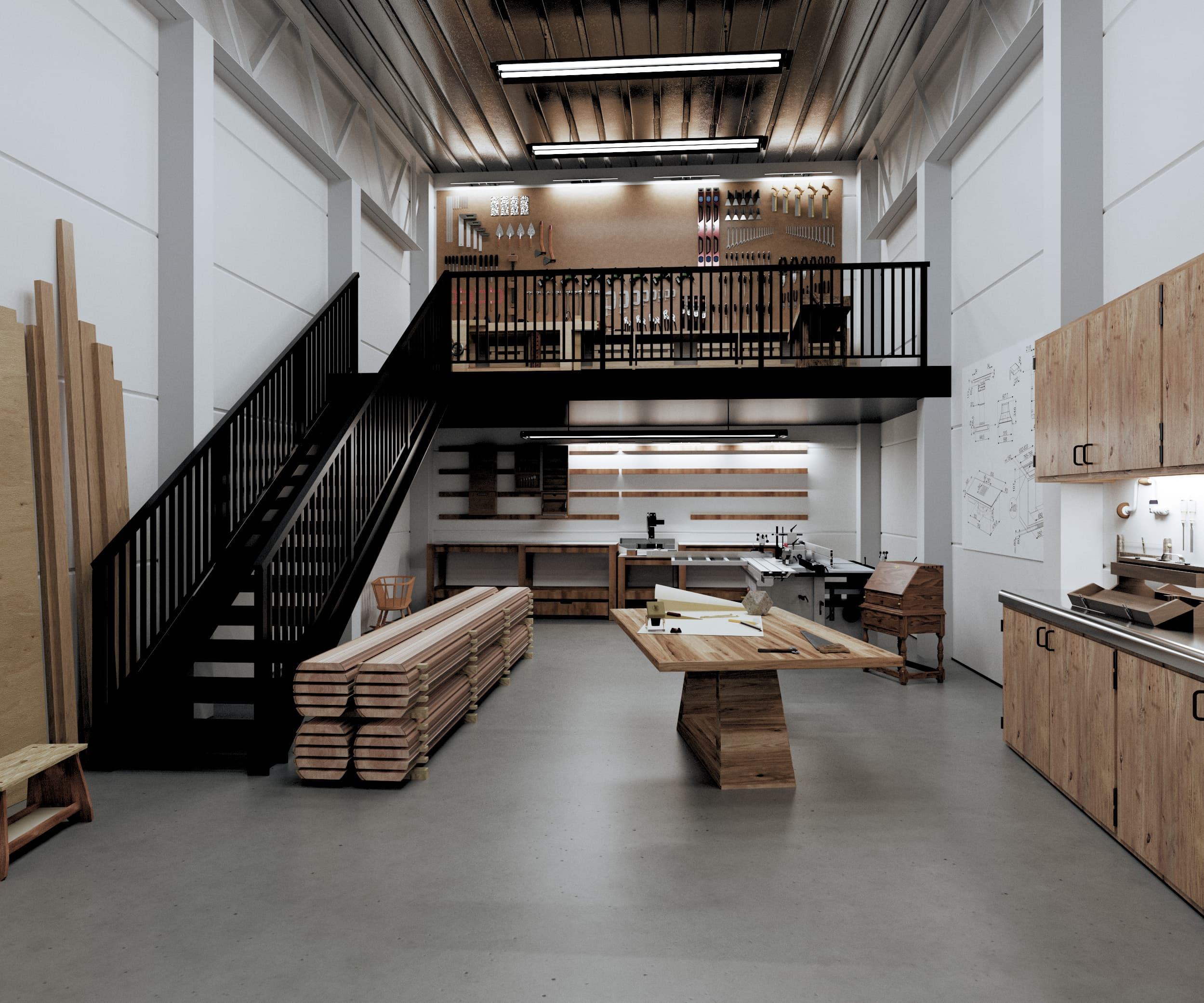 Interiør av lagerseksjon med verksted