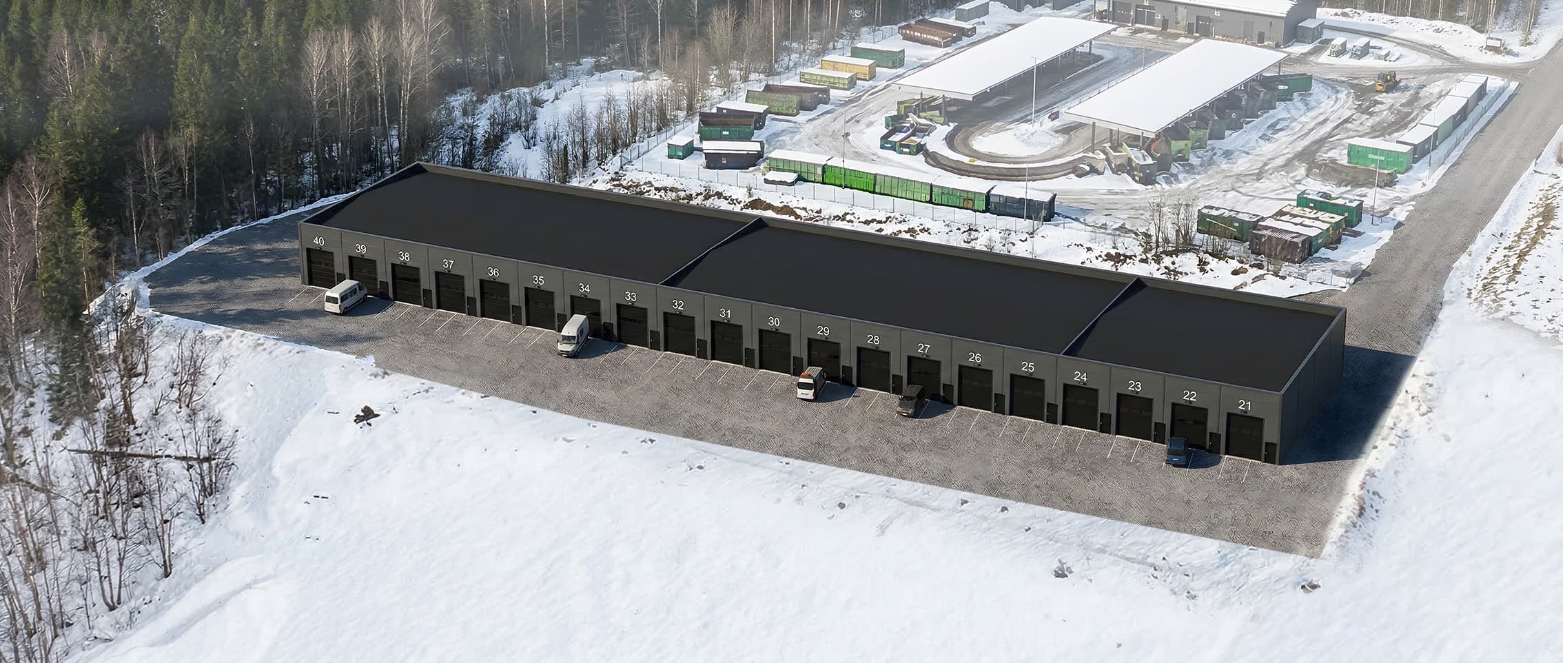 Oversiktsbilde av lagerbygg med 40 seksjoner